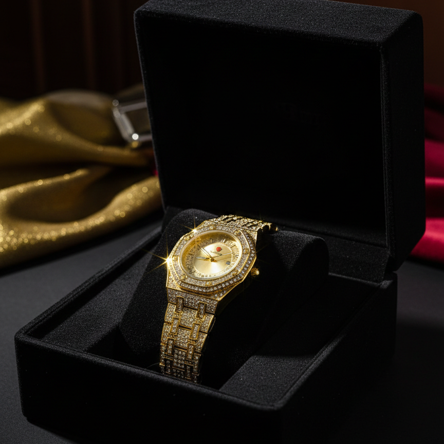 Tarz Luxe Luxury Gold Diamond-Studded Quartz Men’s Watch – Premium Designer Style