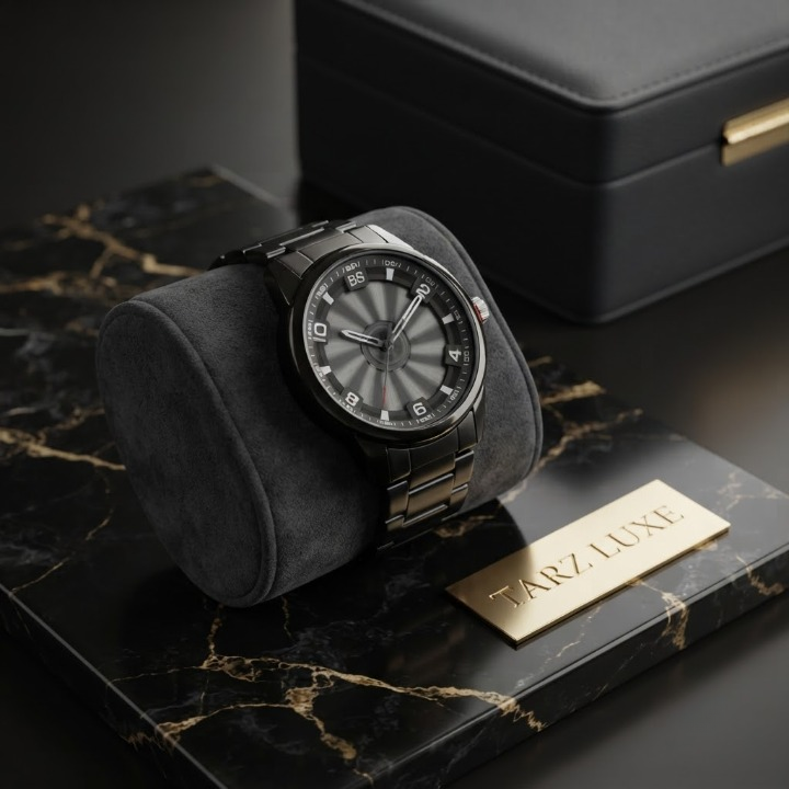 Tarz Luxe Kinetic Vortex — Men’s All-Black Stainless Steel Spinning Dial Designer Watch