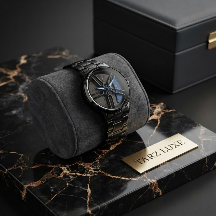 Tarz Luxe Apex Spin — Men’s Black Stainless Steel Red-Accent Kinetic Spinning Watch