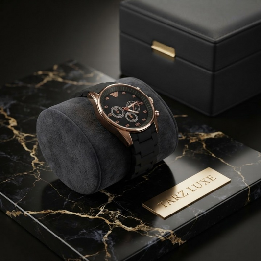Tarz Luxe Chrono Elite — Men’s Rose Gold & Black Sports-Luxe Watch (Black Silicone Strap)