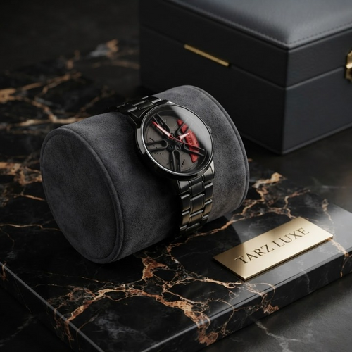 Tarz Luxe Apex Spin — Men’s Black Stainless Steel Red-Accent Kinetic Spinning Watch