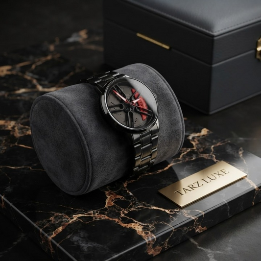 Tarz Luxe Apex Spin — Men’s Black Stainless Steel Red-Accent Kinetic Spinning Watch