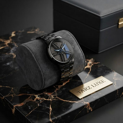 Tarz Luxe Apex Spin — Men’s Black Stainless Steel Red-Accent Kinetic Spinning Watch