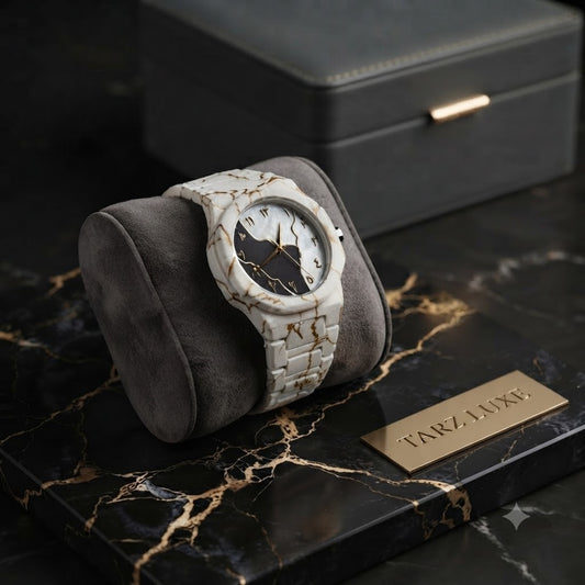 Tarz Luxe White Marble Arabic Dial Watch – Luxury Meets Modern Resilience wrist watch