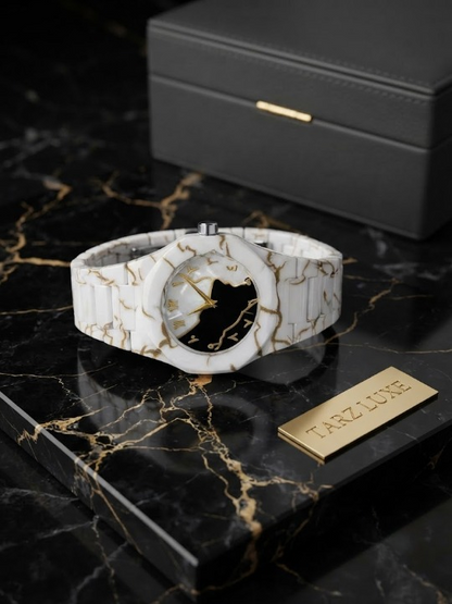 Tarz Luxe White Marble Arabic Dial Watch – Luxury Meets Modern Resilience wrist watch