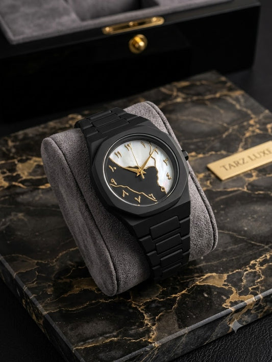 TARZ LUXE: The Golden Vein Eclipse – Matte Black Octagonal Arabic Dial Wristwatch