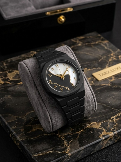 TARZ LUXE: The Golden Vein Eclipse – Matte Black Octagonal Arabic Dial Wristwatch