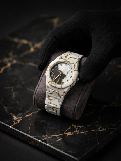 Tarz Luxe White Marble Arabic Dial Watch – Luxury Meets Modern Resilience wrist watch