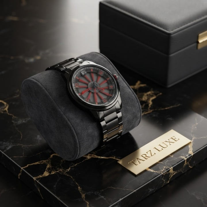 Tarz Luxe Kinetic Vortex — Men’s All-Black Stainless Steel Spinning Dial Designer Watch