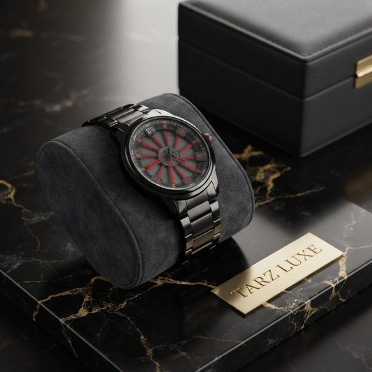 Tarz Luxe Kinetic Vortex — Men’s All-Black Stainless Steel Spinning Dial Designer Watch