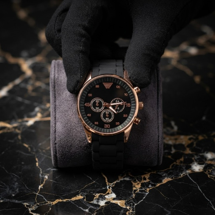 Tarz Luxe Chrono Elite — Men’s Rose Gold & Black Sports-Luxe Watch (Black Silicone Strap)