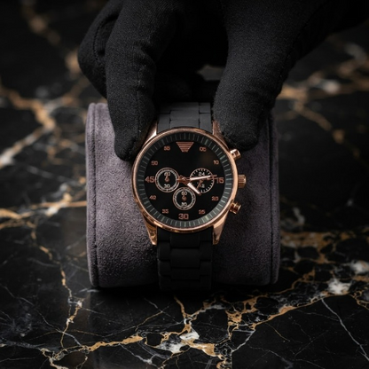 Tarz Luxe Chrono Elite — Men’s Rose Gold & Black Sports-Luxe Watch (Black Silicone Strap)