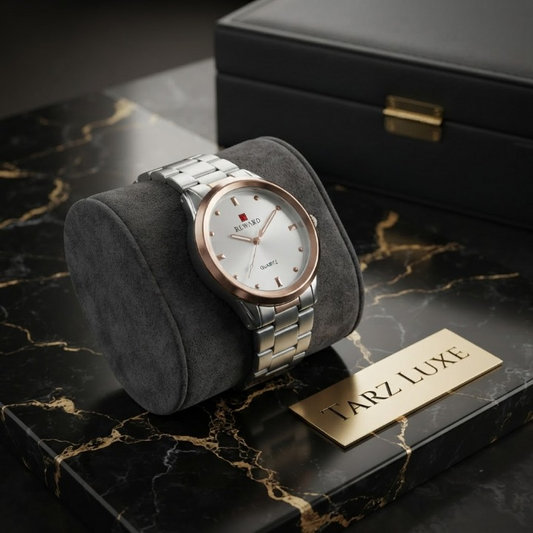 Tarz Luxe Classic Executive — Men’s Rose Gold Bezel Stainless Steel Watch (White Dial & Chain Strap)
