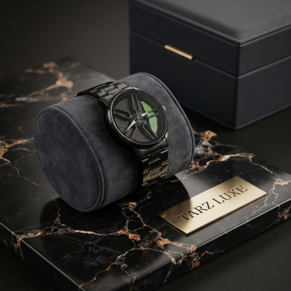 Tarz Luxe Apex Spin — Men’s Black Stainless Steel Red-Accent Kinetic Spinning Watch
