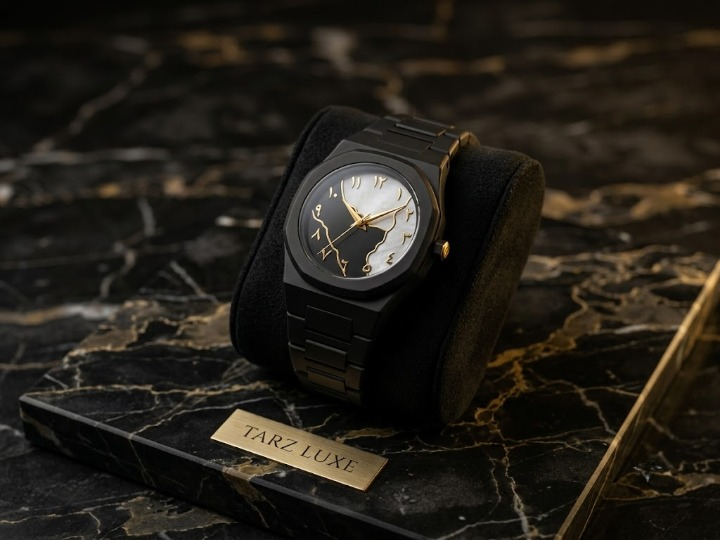 TARZ LUXE: The Golden Vein Eclipse – Matte Black Octagonal Arabic Dial Wristwatch